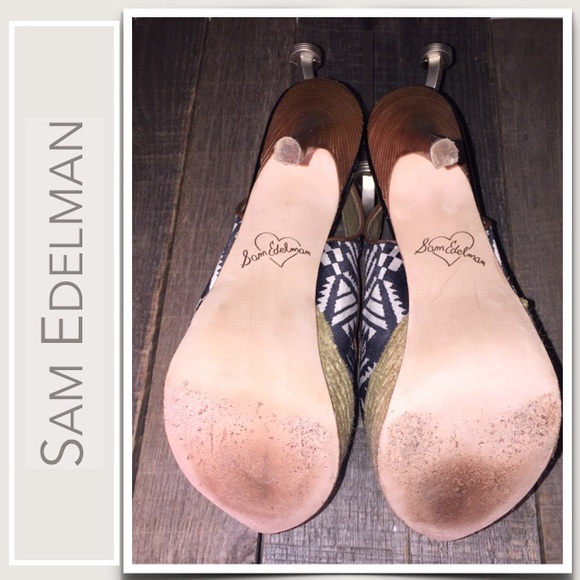 Sam Edelman Novato Peep Toe Leather Slingbacks Black-White Silk in Aztec Pattern - Picture 4 of 7